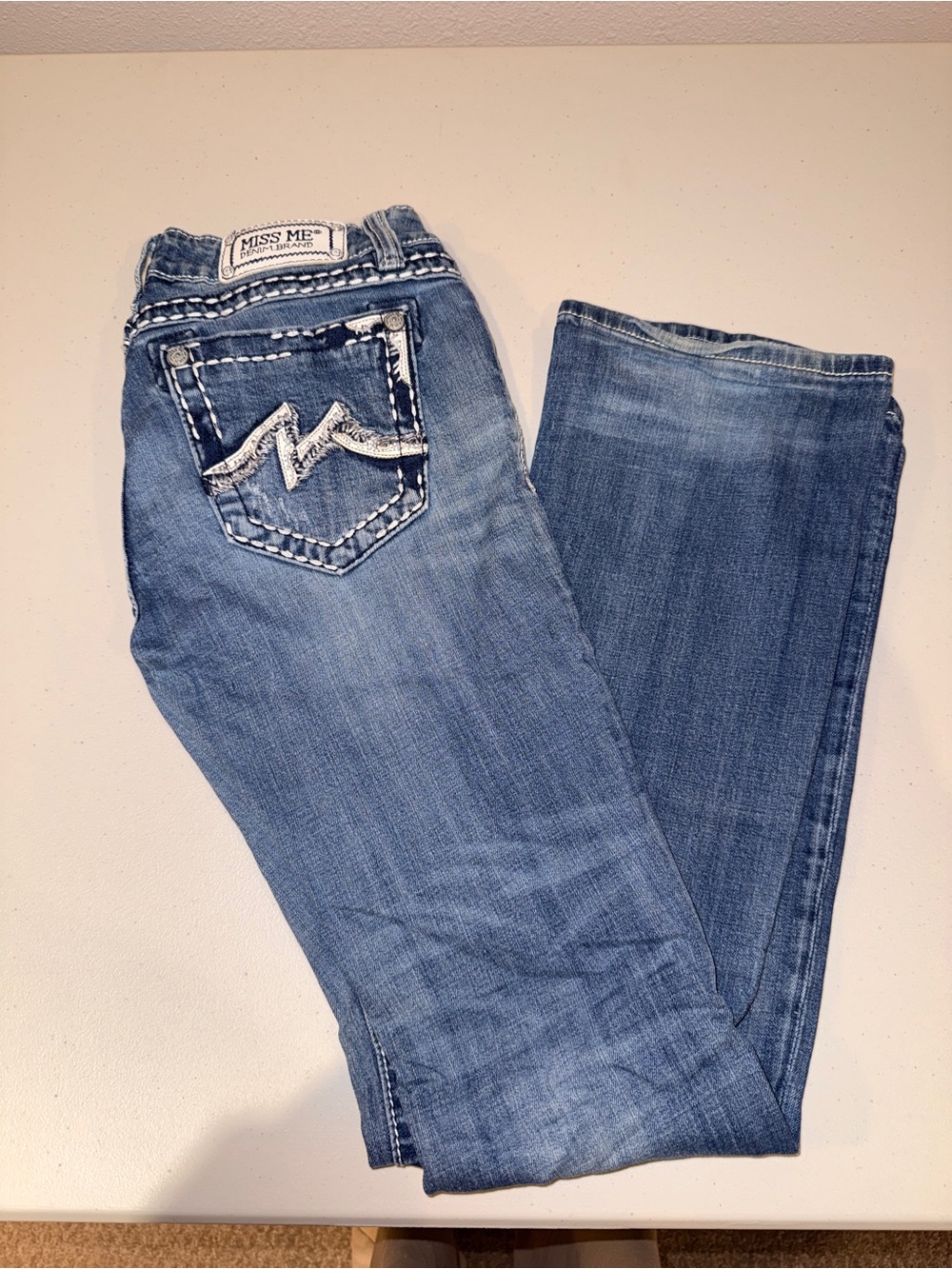 Miss Me Denim Mid-Blue Bootcut Jeans with Embroidered Pocket